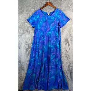 Vintage Simply Silk Maxi Dress XL Blue Watercolor Swirl Art To Wear Resort